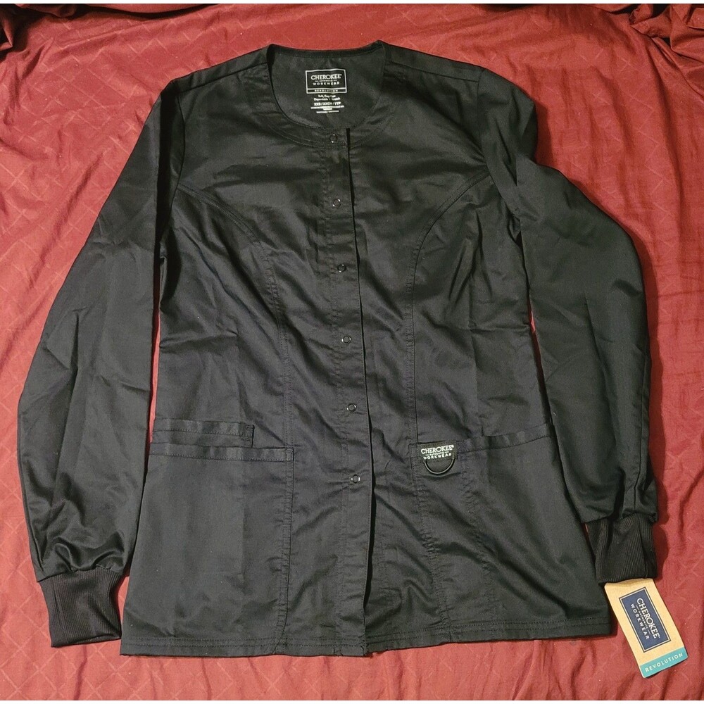 Cherokee Workwear Revolution Scrub Jacket Women XXS Black Snap Medical Uniform